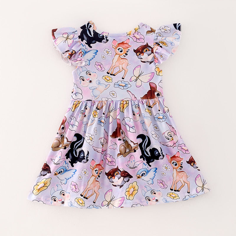 (In Stock)Girls Spring and Summer Deer Print Flying Sleeve Dress