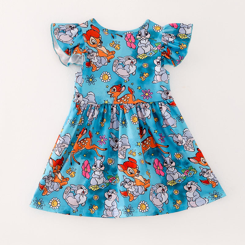(In Stock)Girls Spring and Summer Deer Print Flying Sleeve Dress