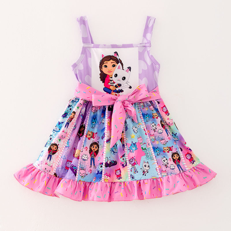 (In Stock)Girls Spring and Summer Cartoon Character Print Slip Dress