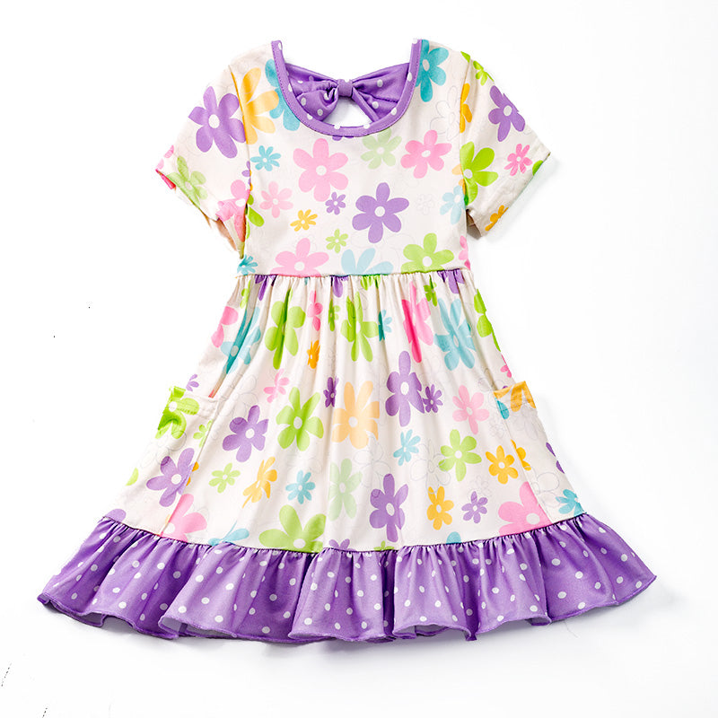 (In Stock E24-3-3)Girls Lavender Floral Bow Pocket Dress