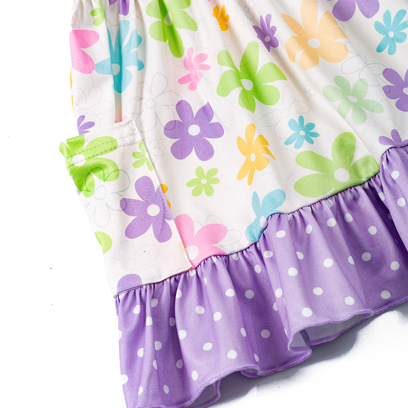 (In Stock E24-3-3)Girls Lavender Floral Bow Pocket Dress