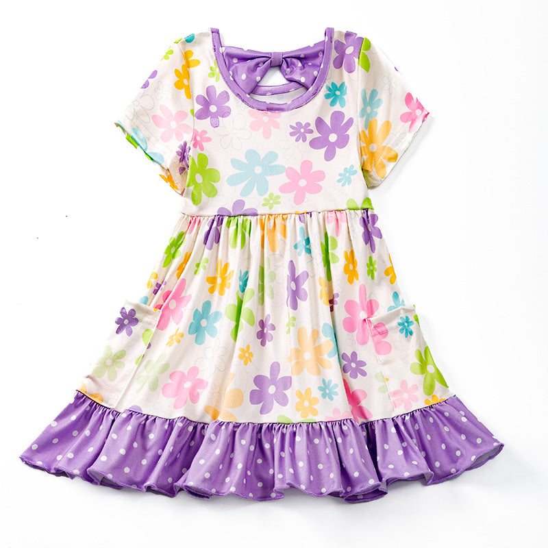 (In Stock E24-3-3)Girls Lavender Floral Bow Pocket Dress