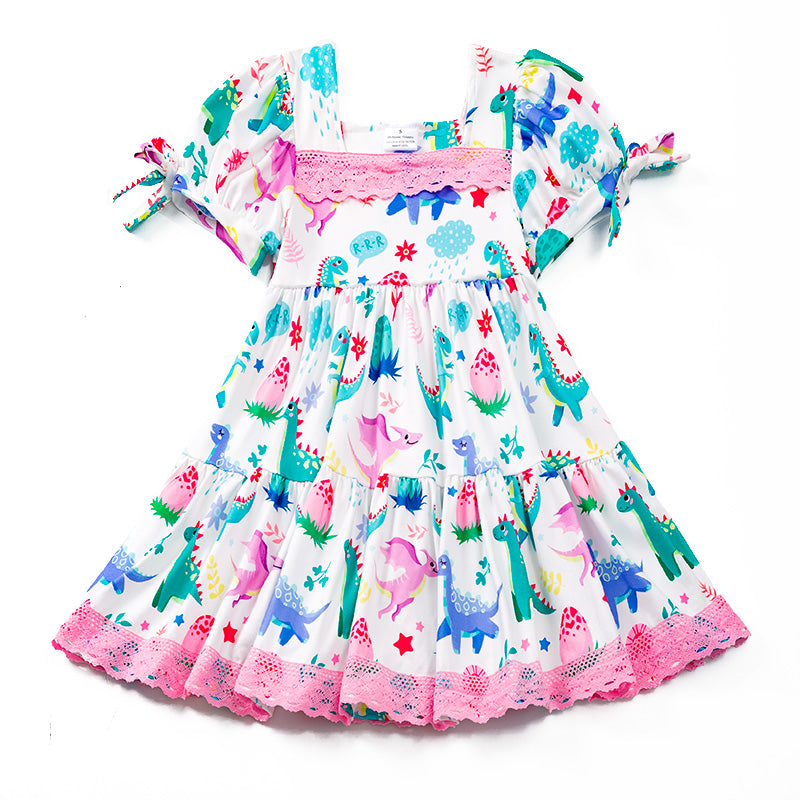 (In Stock E23-5-1)Girls Pink Dino Lace Dress