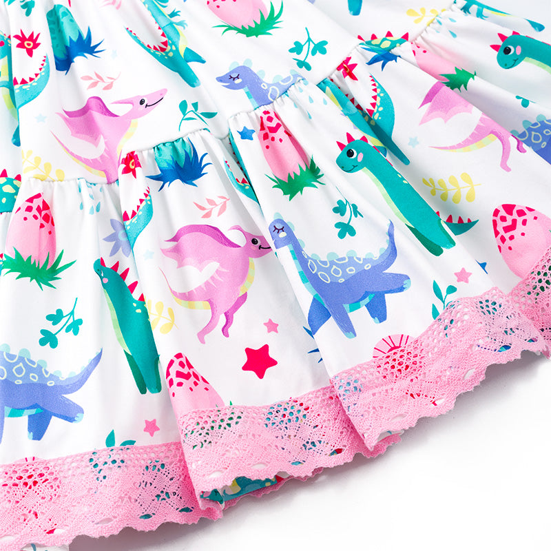 (In Stock E23-5-1)Girls Pink Dino Lace Dress