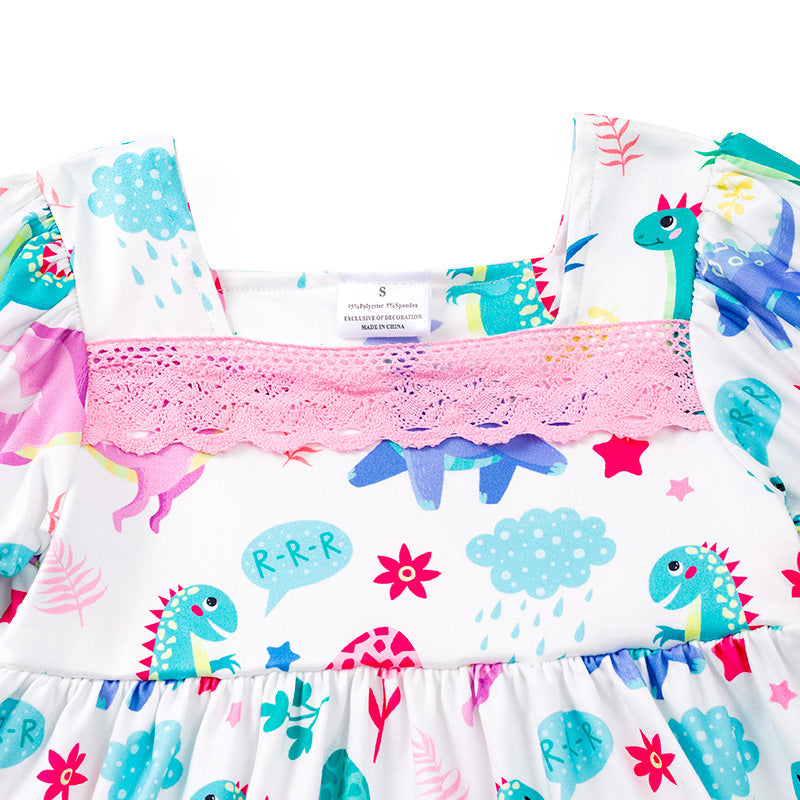 (In Stock E23-5-1)Girls Pink Dino Lace Dress