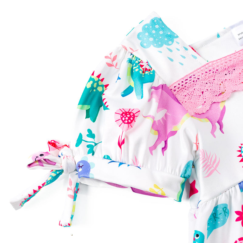 (In Stock E23-5-1)Girls Pink Dino Lace Dress