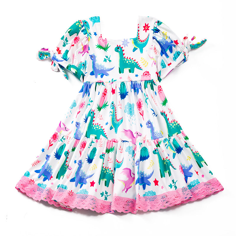 (In Stock E23-5-1)Girls Pink Dino Lace Dress