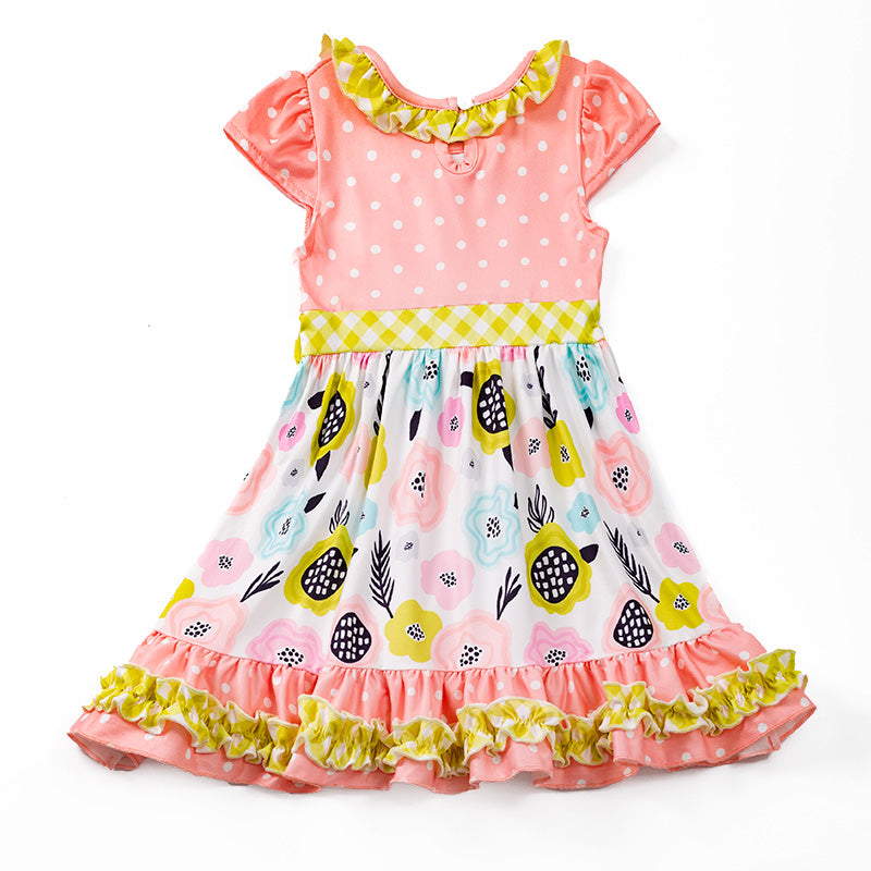 (In Stock)Girls Coral Polka Dots Floral Dress