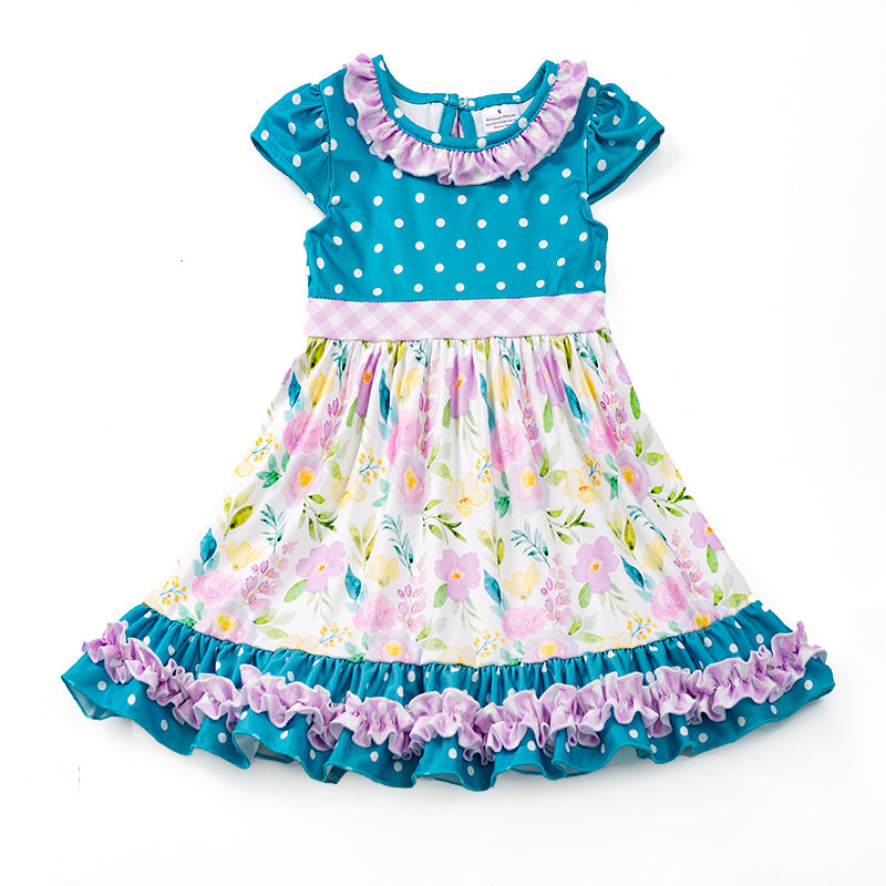 (In Stock E29-5-1)Girls Jade Polka Dots Floral Dress