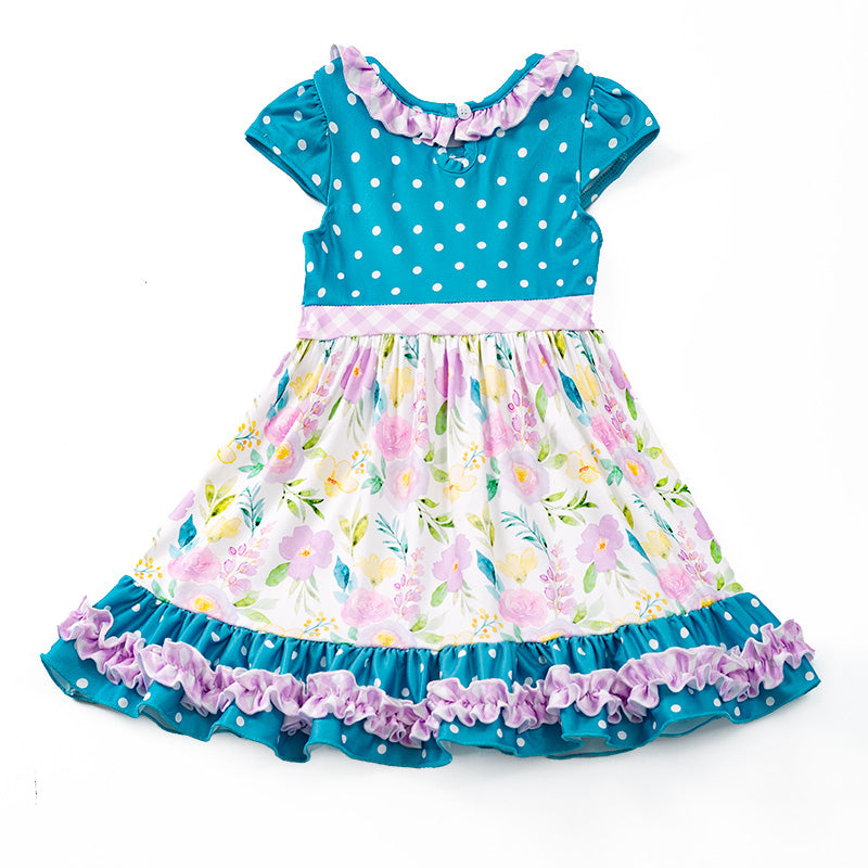 (In Stock E29-5-1)Girls Jade Polka Dots Floral Dress