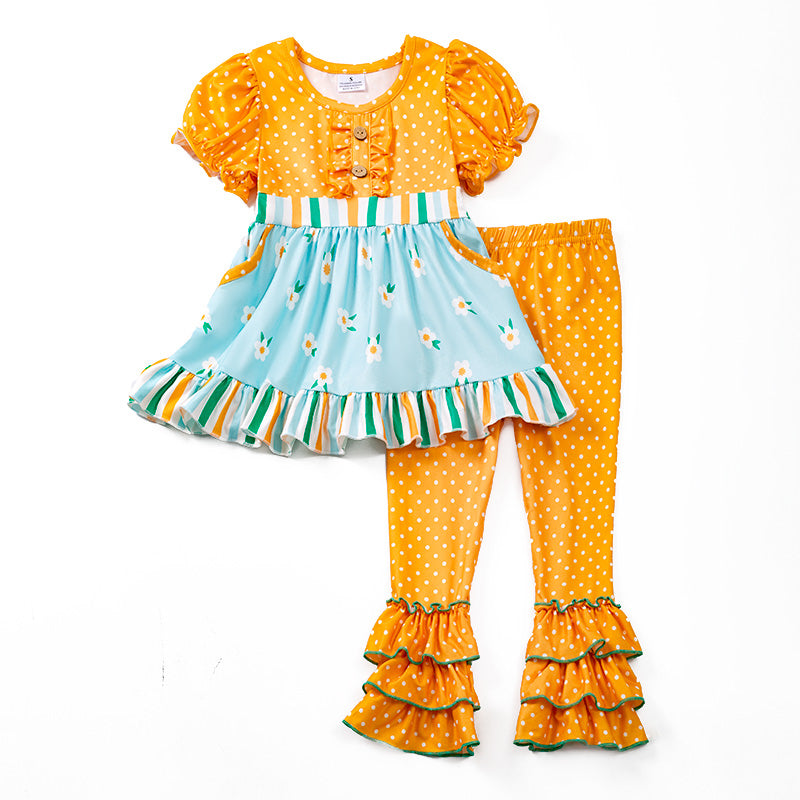 (In Stock E29-5-3)Girls Mustard Dots Blue Floral Pants Set