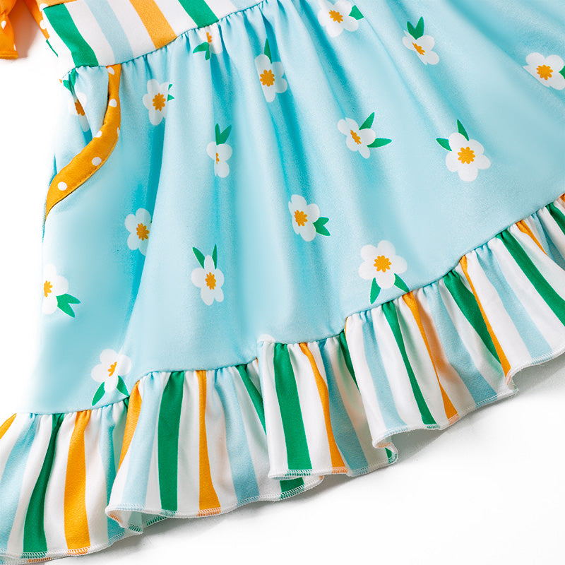 (In Stock E29-5-3)Girls Mustard Dots Blue Floral Pants Set