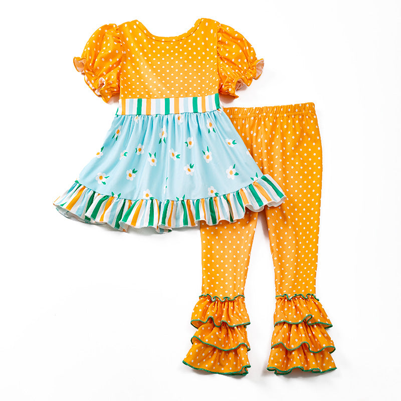 (In Stock E29-5-3)Girls Mustard Dots Blue Floral Pants Set