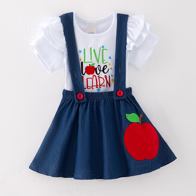 (In Stock)Girls Summer Back To School Apple Applique Overall Dress Set