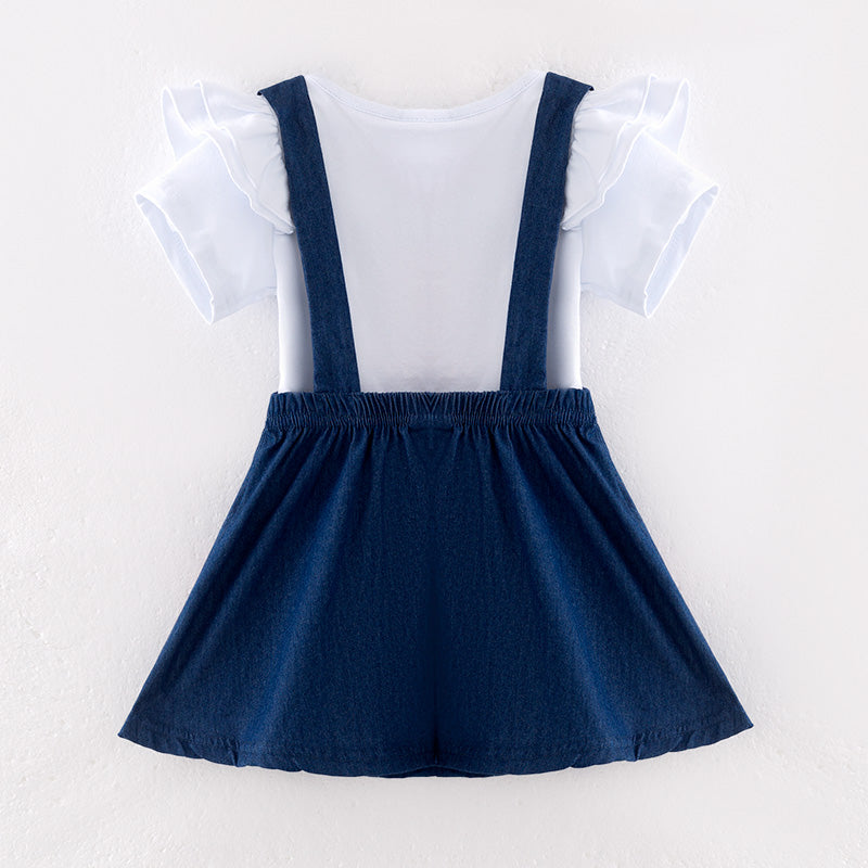(In Stock)Girls Summer Back To School Apple Applique Overall Dress Set