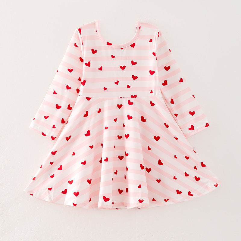 (In Stock)Girls Valentine's Day Love Print Pink Stripe Dress