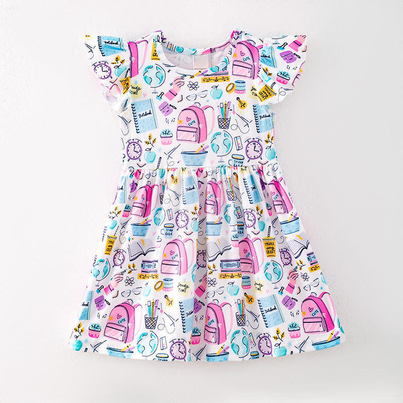 (In Stock)Girls Summer Back To School Print Flying Sleeves Dress