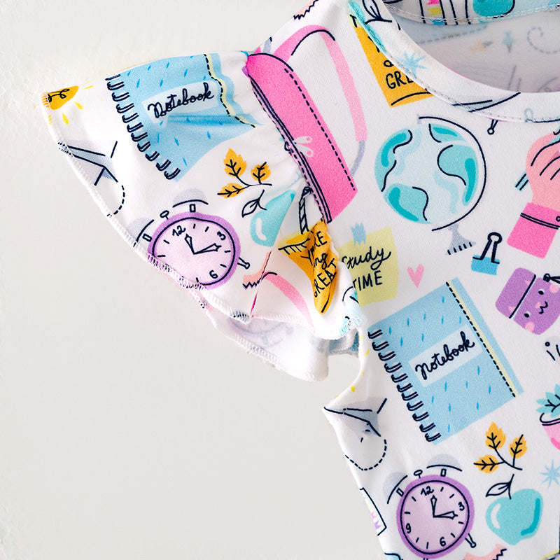 (In Stock)Girls Summer Back To School Print Flying Sleeves Dress
