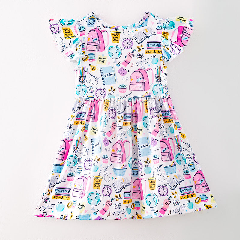 (In Stock)Girls Summer Back To School Print Flying Sleeves Dress