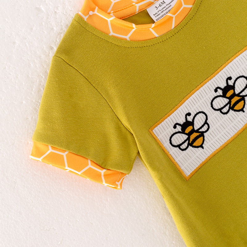 (In Stock)Baby Boys Spring Bee Embroidery Smocked Romper