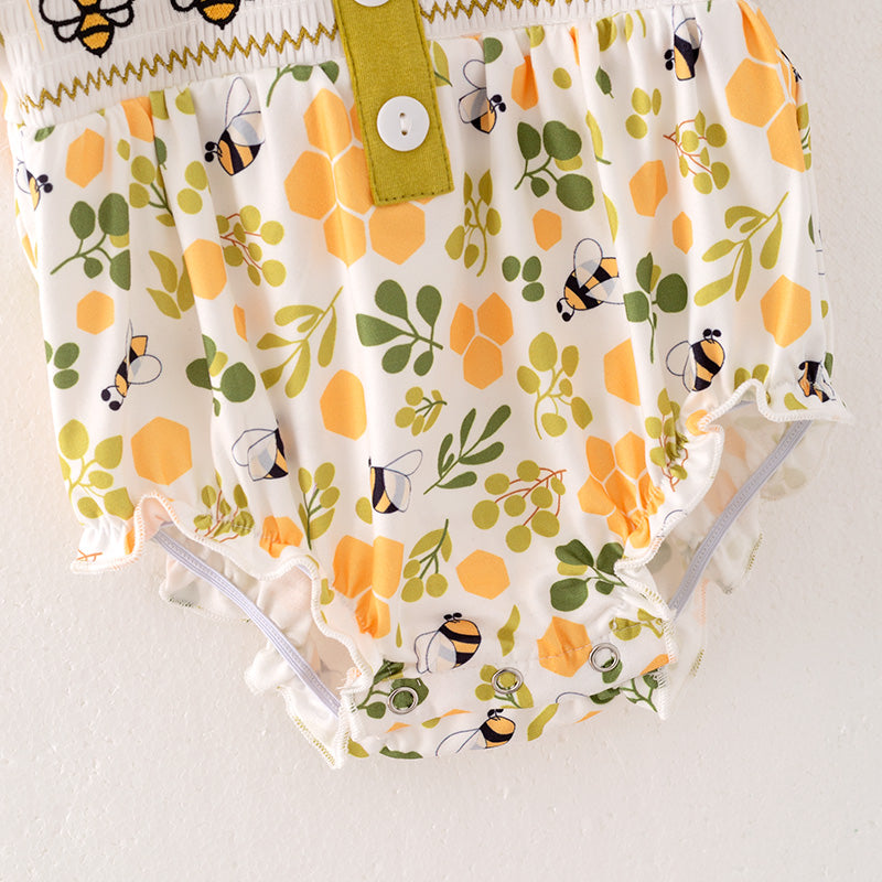 (In Stock)Toddler Girl Spring Bee Embroidery Smocked Romper