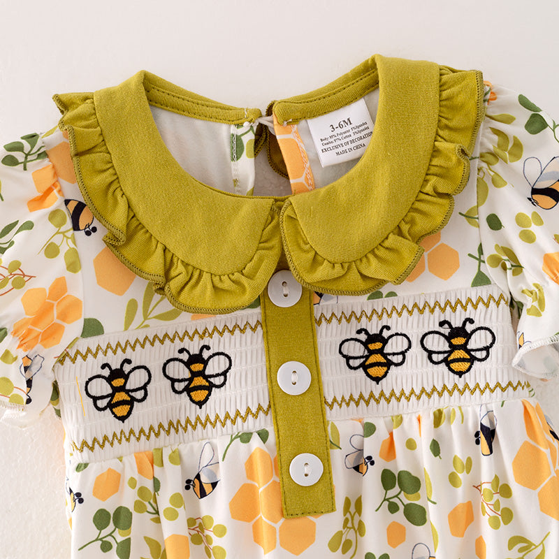 (In Stock)Toddler Girl Spring Bee Embroidery Smocked Romper