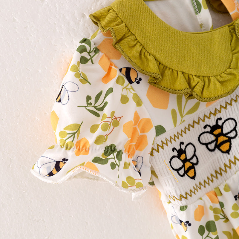(In Stock)Toddler Girl Spring Bee Embroidery Smocked Romper