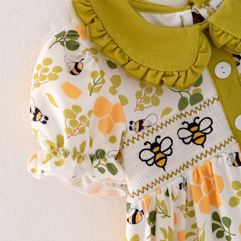 (In Stock)Girls Spring Bee Embroidery Smocked Dress