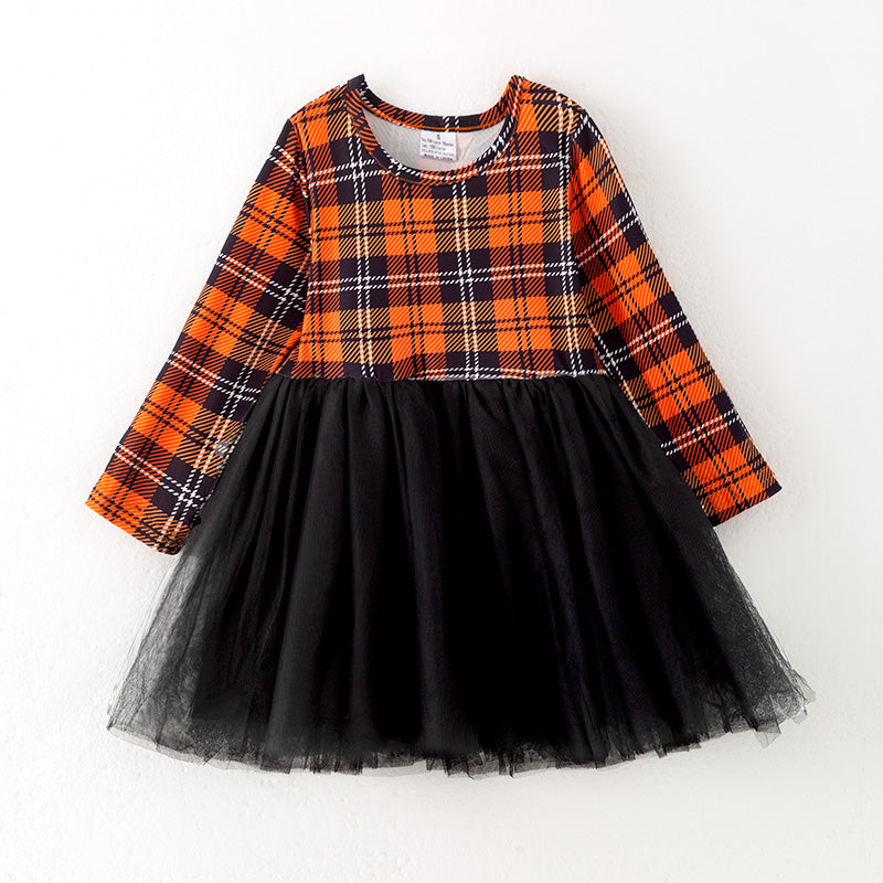 (In Stock)Girls Halloween Plaid Print Tulle Dress