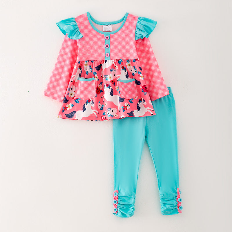 (In Stock G32-01-03 L22-01-02)Girls Pink Pony Print Outfit Set
