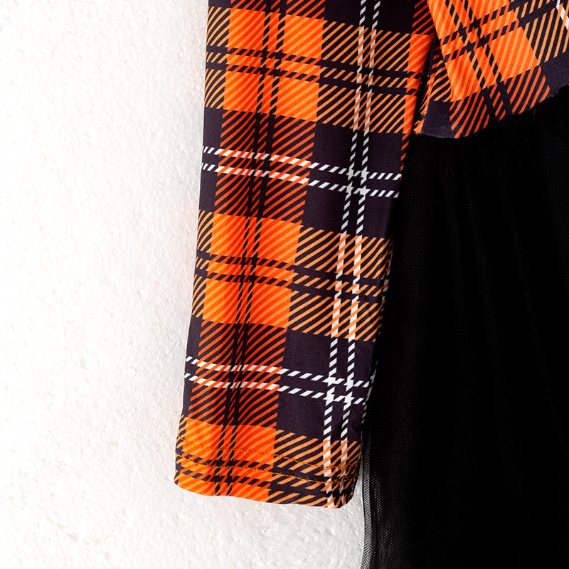 (In Stock)Girls Halloween Plaid Print Tulle Dress