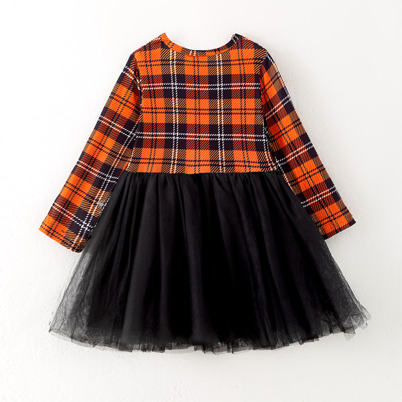 (In Stock)Girls Halloween Plaid Print Tulle Dress