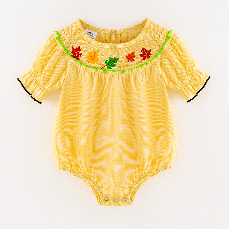 (In Stock)Toddler Girls Fall Leaves Embroidery Smocked Romper