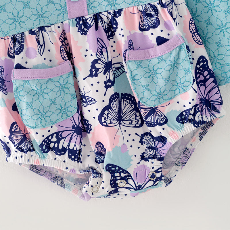 (In Stock G32-05-01)Baby Girls Blue Butterfly Print Romper