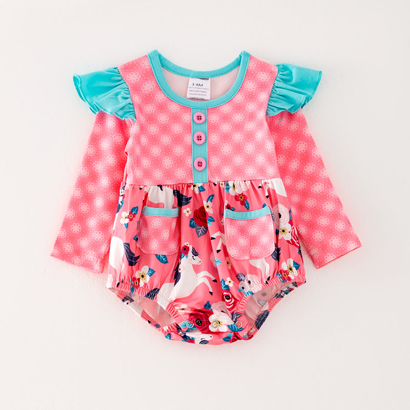 (In Stock G32-05-01 L35-04-01)Baby Girls Pink Pony Print Romper