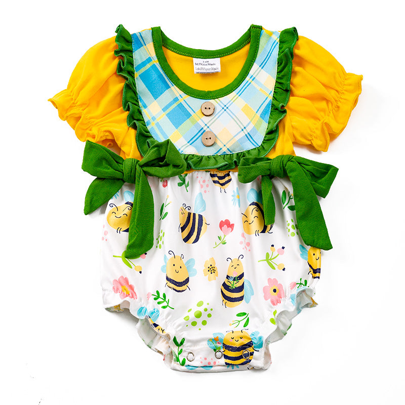 (In Stock E29-5-1)Girls Yellow Bee Floral Bow Romper