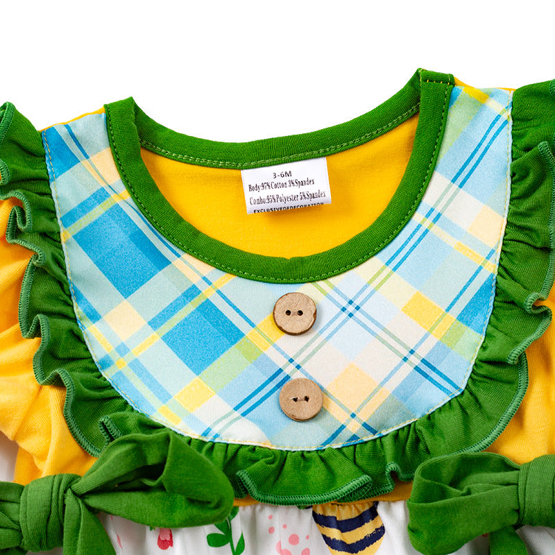(In Stock E29-5-1)Girls Yellow Bee Floral Bow Romper