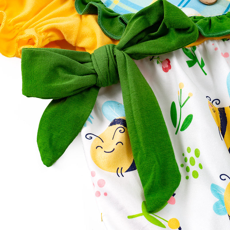 (In Stock E29-5-1)Girls Yellow Bee Floral Bow Romper