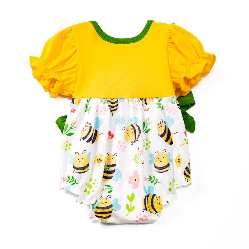 (In Stock E29-5-1)Girls Yellow Bee Floral Bow Romper
