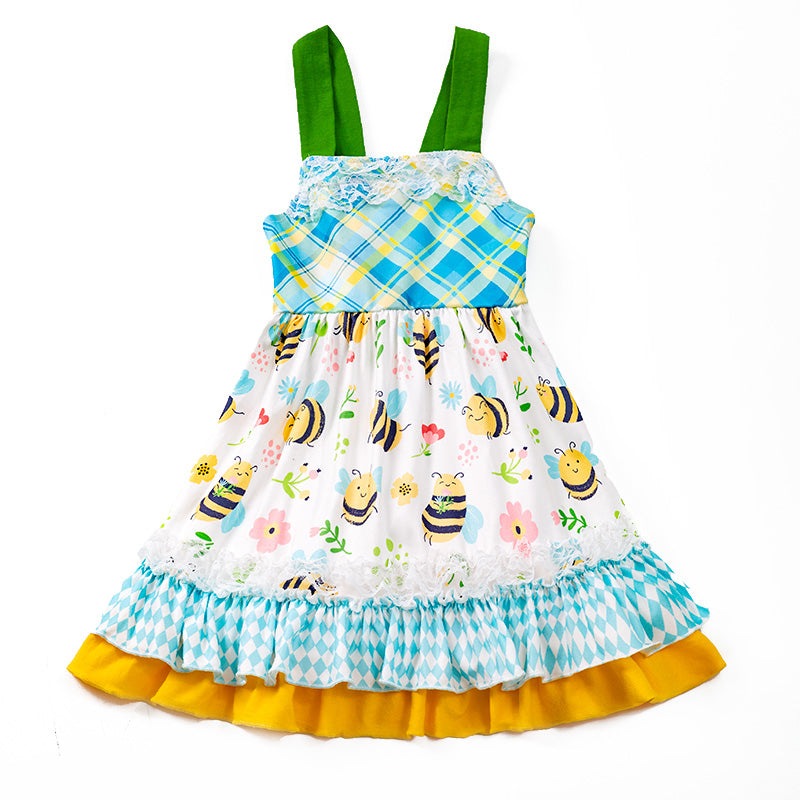 (In Stock E30-2-2)Girls Yellow Bee Floral Plaid Dress