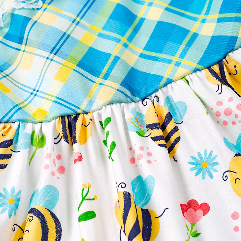 (In Stock E30-2-2)Girls Yellow Bee Floral Plaid Dress