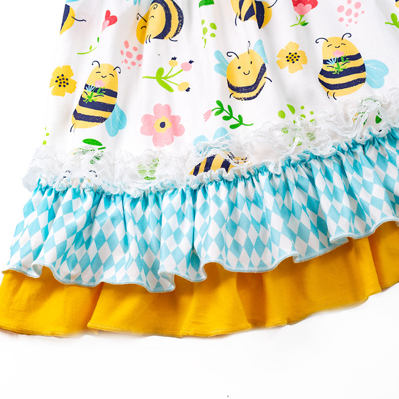 (In Stock E30-2-2)Girls Yellow Bee Floral Plaid Dress