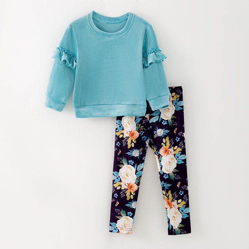 (In Stock)Girls Fall&Winter Velvet Top Floral Print Pants Set