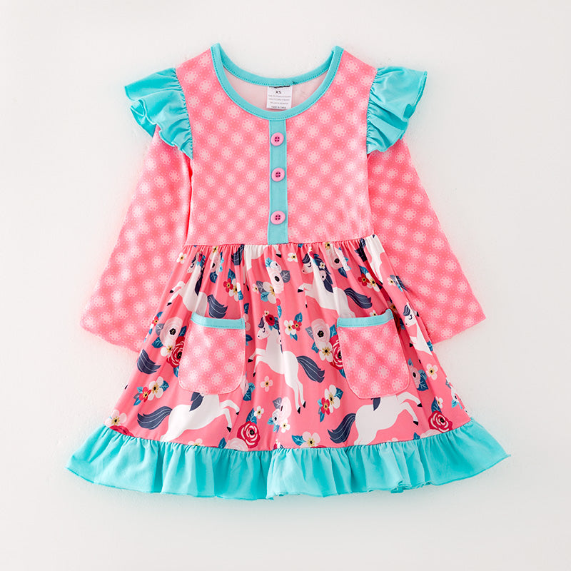 (In Stock G32-05-03 L22-01-03)Girls Pink Pony Print Dress