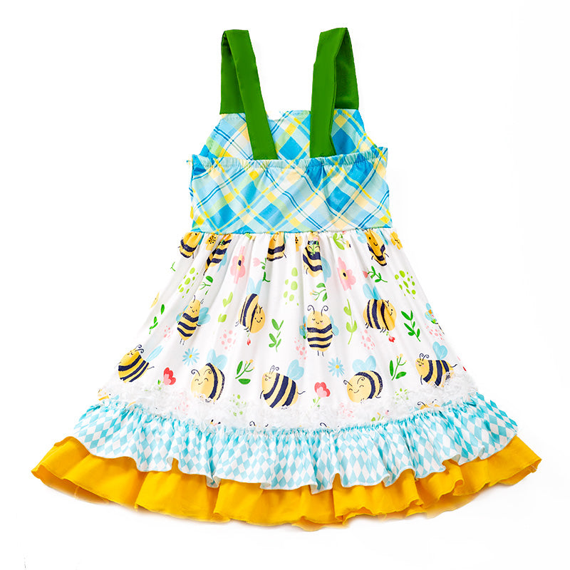 (In Stock E30-2-2)Girls Yellow Bee Floral Plaid Dress
