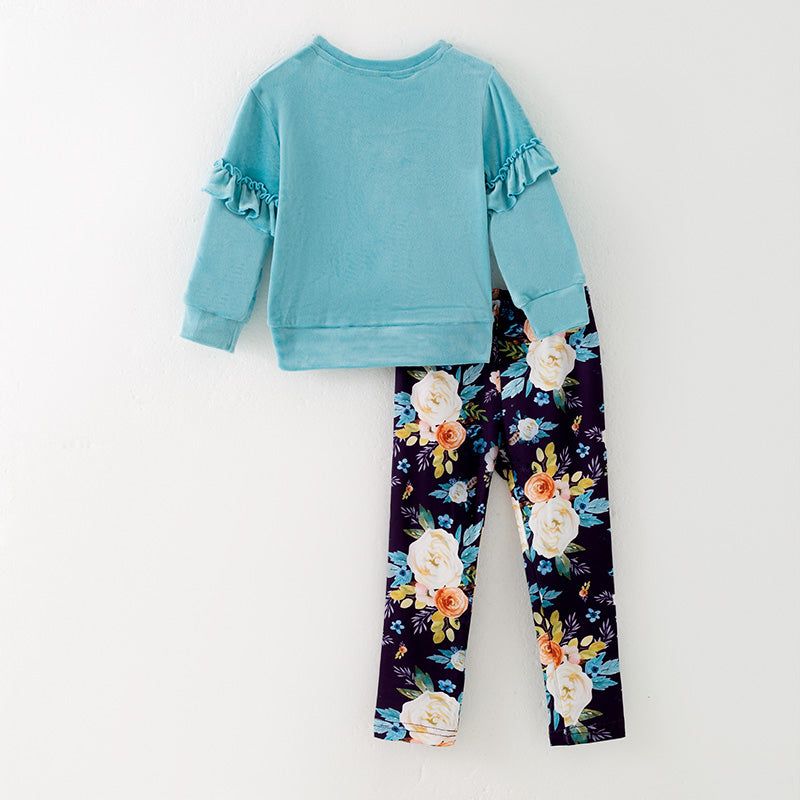 (In Stock)Girls Fall&Winter Velvet Top Floral Print Pants Set