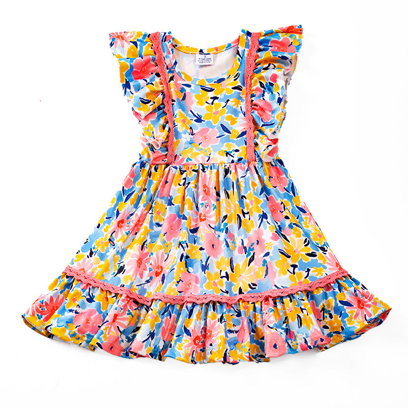 (In Stock E29-5-2)One Pack(2 Pieces total) Girls Coral Mustard Floral Ruffles Dress