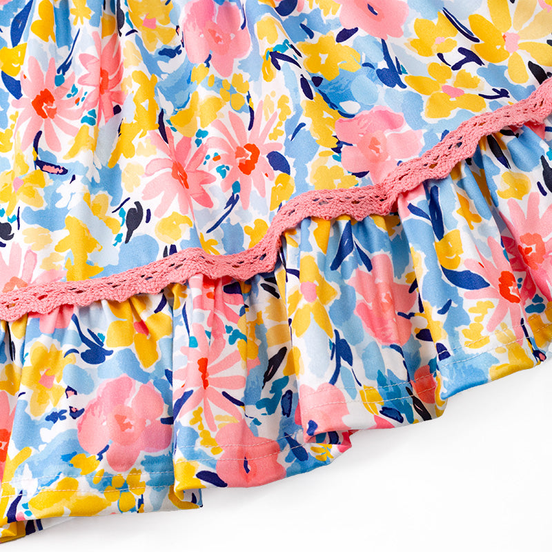 (In Stock E29-5-2)One Pack(2 Pieces total) Girls Coral Mustard Floral Ruffles Dress