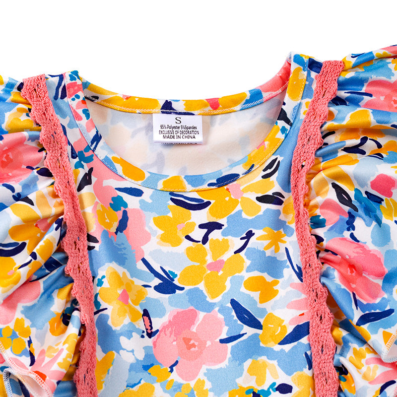 (In Stock E29-5-2)One Pack(2 Pieces total) Girls Coral Mustard Floral Ruffles Dress