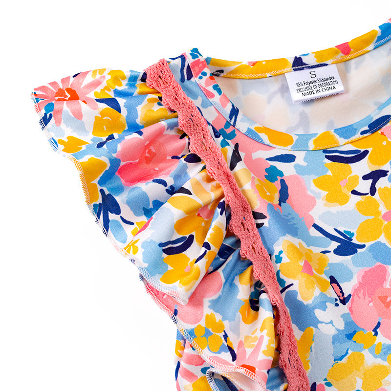 (In Stock E29-5-2)One Pack(2 Pieces total) Girls Coral Mustard Floral Ruffles Dress